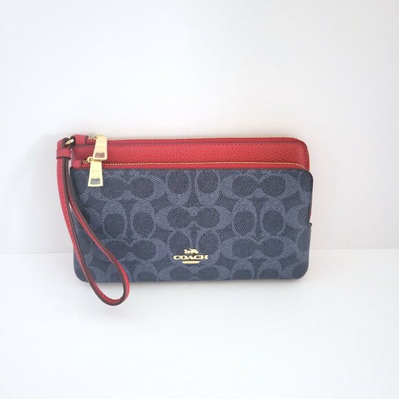 Coach CX161 Double Zip Wallet Signature Canvas Wristlet Denim Bold Red Clutch - Picture 2 of 8